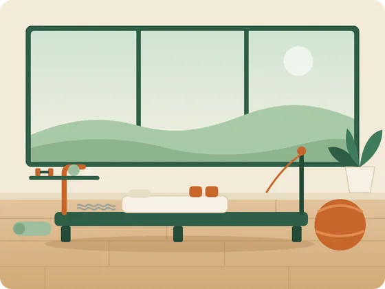 Ilustração de um estúdio de pilates com aparelho reformer, bola e janelas amplas